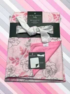 NWT Laura Ashley Flowers Floral Baby Blanket and Headband 2 piece Set Mink Minky
